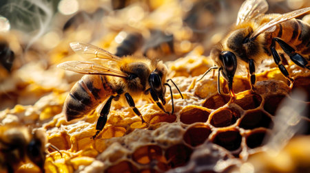 Cute swarm of bees working at bee honeycomb background with emptyの素材