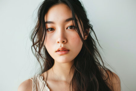 Photo of a pretty Asian girl with perfect skin and long hair on a white backgroundの素材