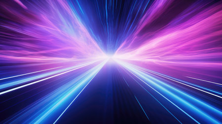 A futuristic space station with various beams of neon lights, a corridor with neon raysの素材