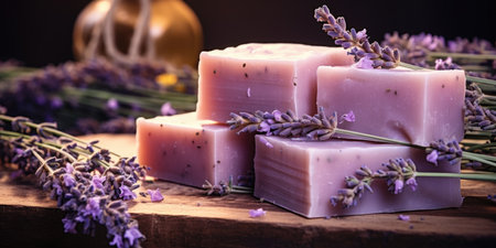 Organic soap with lavender handmade at home. Pieces of natural soap are lying on the windowsillの素材