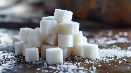 A stack of sugar cubes on a wooden background, white cane sugar refinedの素材