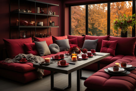 The interior of the living room with a burgundy sofa and dining table and a panoramic windowの素材