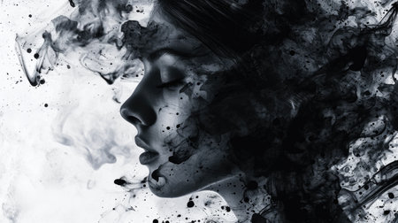 Ink splashes, black and white silhouette of a woman's face with her eyes closed, psychological stateの素材