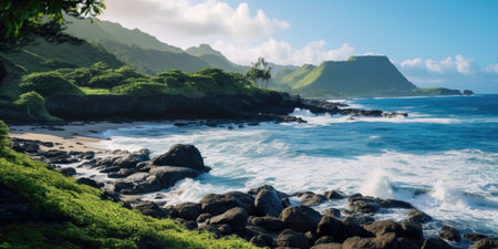Banner with a rocky shore and waves, background imageの素材
