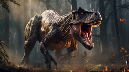 AT rex dinosaur rips through a prehistoric forestの素材