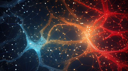 Banner with abstract background with neural pattern design connecting lines and nodes in red and blueの素材