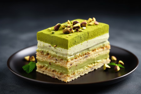 Part of the matcha sponge cake with pistachio and vanilla layers, pieces of pistachio nutsの素材