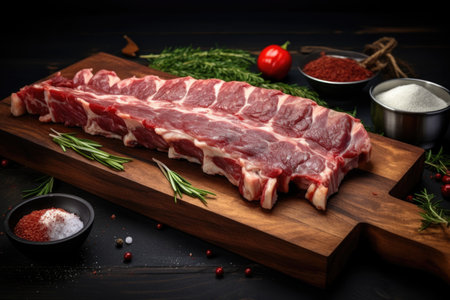 Raw pork ribs are laid out on a cutting board. Spices for cooking meat dishes close-upの素材