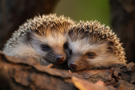 Close up of two wild, native European hedgehogs, one adult and one sleeping baby. Hedgehogs, Scientific name: Erinaceus Europaeusの素材