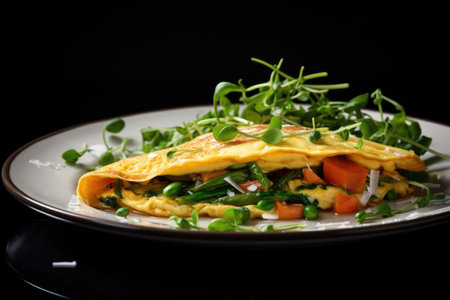 Omelet on a white plate with micro greenery, healthy breakfastの素材