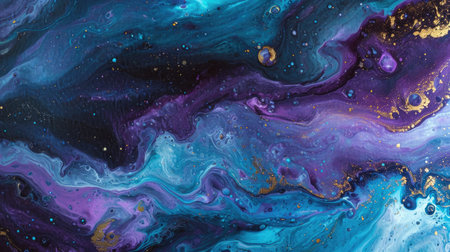 Abstract background blurring and mixing of blue, purple and pink paint with gold streaksの素材