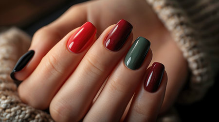 Photos of the design of multicolored nails on the hands, advertising the color of nailsの素材