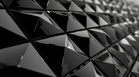 Polished, glossy wall background with tiles. Triangular, tiled wallpaper with 3D, black blocksの素材