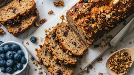 Healthy nut bread with blueberry granola and oatmeal on a white surfaceの素材