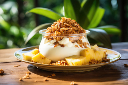 Granola with yogurt and mango slicesの素材