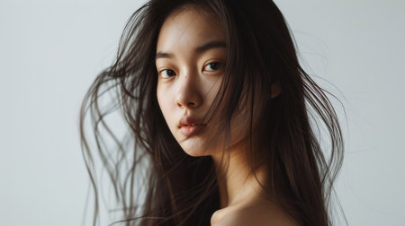 Photo of a pretty Asian girl with perfect skin and long hair on a white backgroundの素材