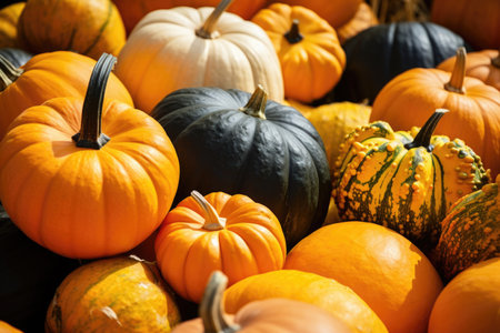Close-up of fresh pumpkins of different shapes and sizes, background imageの素材