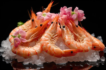 Fresh big red shrimp on ice on a black stone table top viewの素材