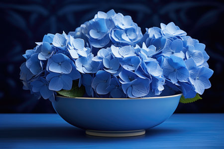 Blue hydrangea flowers on a blue background in a vaseの素材
