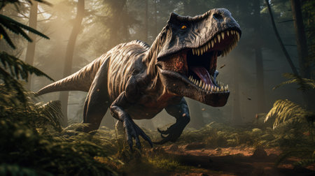 AT rex dinosaur rips through a prehistoric forestの素材