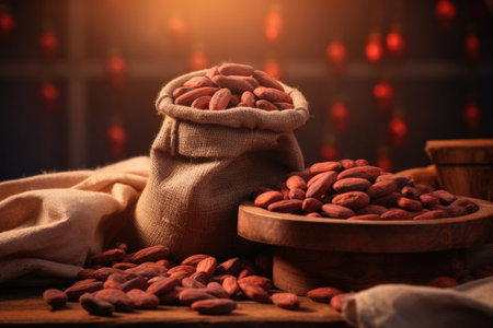 Cocoa beans in a bag on the table, harvestingの素材