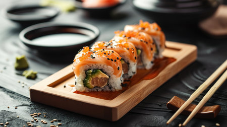 Sushi and fried garlic shrimps, prawn on a stone plateの素材