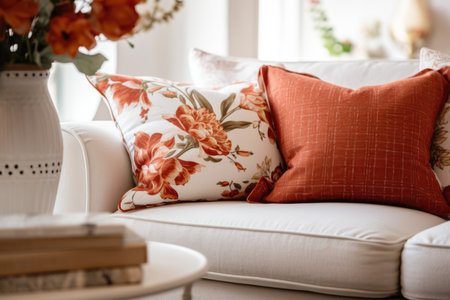 Close-up of a fabric sofa with white and terracotta pillows. Interior design of a modern living room in a country houseの素材