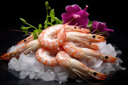 Fresh big red shrimp on ice on a black stone table top viewの素材