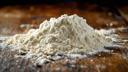 Whole grain flour is scattered on the table in a slideの素材