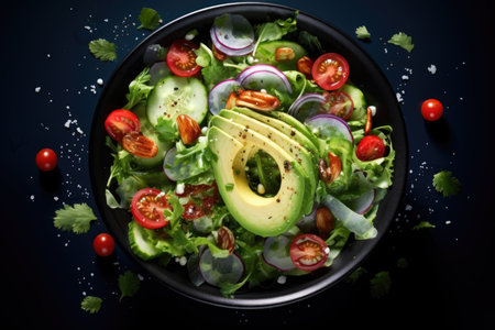 Healthy salad with avocado, cherry tomatoes, cucumber, red onion and lettuce in bowl over dark blue backgroundの素材