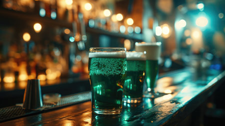 A group of glasses with green beer with a pub background on St. Patrick's Dayの素材