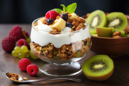 Granola with yogurt and berries in a glass on the tableの素材