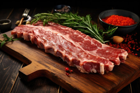 Raw pork ribs are laid out on a cutting board. Spices for cooking meat dishes close-upの素材