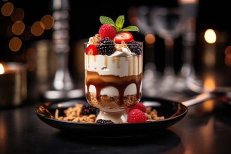 Dessert chocolate parfait with berries and cream in a glass glassの素材
