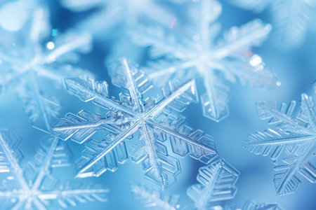 Close-up of snowflakes under a microscope on a blue backgroundの素材
