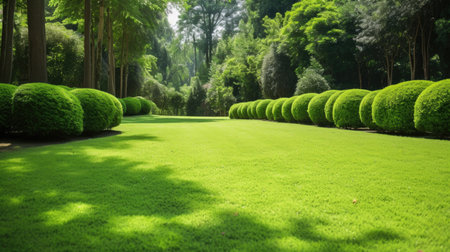 A green carpet of grass, a manicured lawn with shrubsの素材