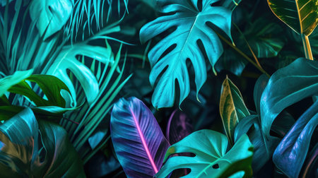 Green and Blue Neon Light with Tropical Leavesの素材