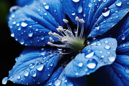 Blue flower with dew drops on petals close-up, background imageの素材