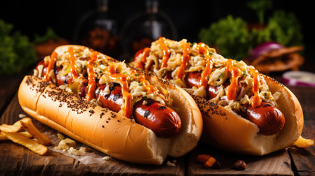 Tasty grilled hot dogs on a worn picnic tableの素材
