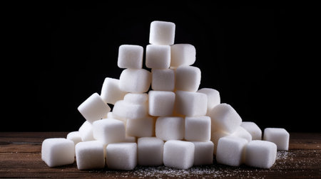 A stack of sugar cubes on a black background, white cane sugar refinedの素材