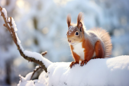 Squirrel sitting on a snow-covered branch in the parkの素材