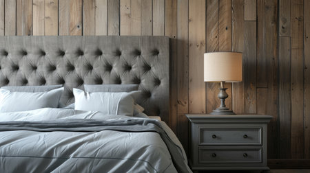 Bedside drawer bedside table next to the bed with a headboard made of gray fabric on the background of a wood-paneled wallの素材
