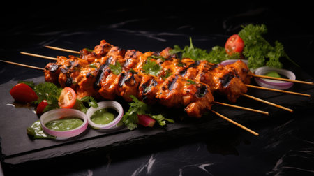 Grilled meat skewers on wooden plate, barbecue lunch cooked perfectlyの素材
