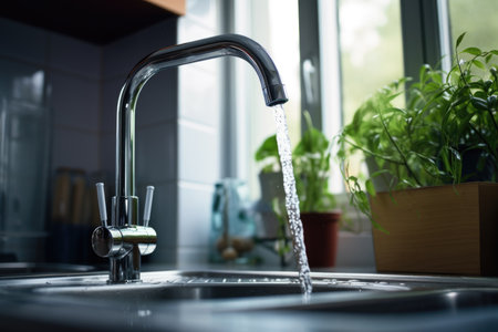 Water is pouring from the tap in the kitchen in the bathroom problems of lack of clean waterの素材