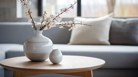 Close-up of a ceramic vase with flowers on a round coffee table against the background of a sofa and a windowの素材