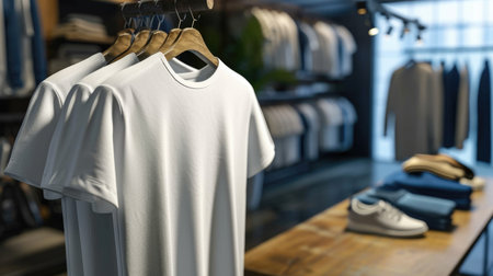 A white T-shirt is hanging on a hanger. Place for textの素材