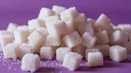 Pile of sugar cubes lying on top of each other, purple backgroundの素材