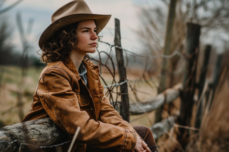 A woman in a cowboy jacket and hat stands near a wooden fenceの素材