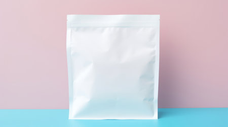 Mockup of an empty paper white bag with zip closure isolated on a flat pastel backgroundの素材