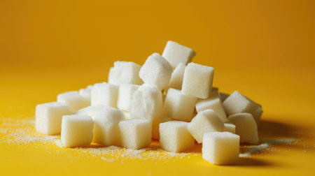Pile of sugar cubes lying on top of each other, yellow backgroundの素材
